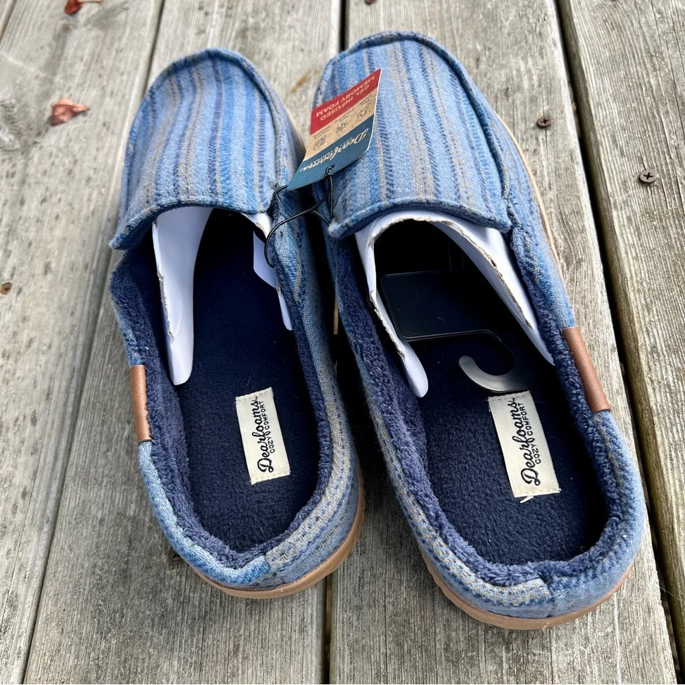 DEARFOAMS COZY COMFORT MEN’S BLUE/TAN STRIPED NOTCH CLOG SLIPPER NWT